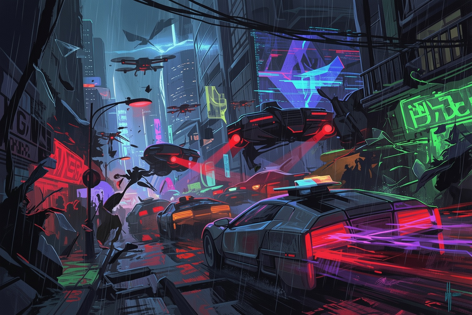 sydmead10q20 painting. A vibrant cyberpunk dystopian cityscape,  pulsating with neon reds,  electric blues on Tensor.Art