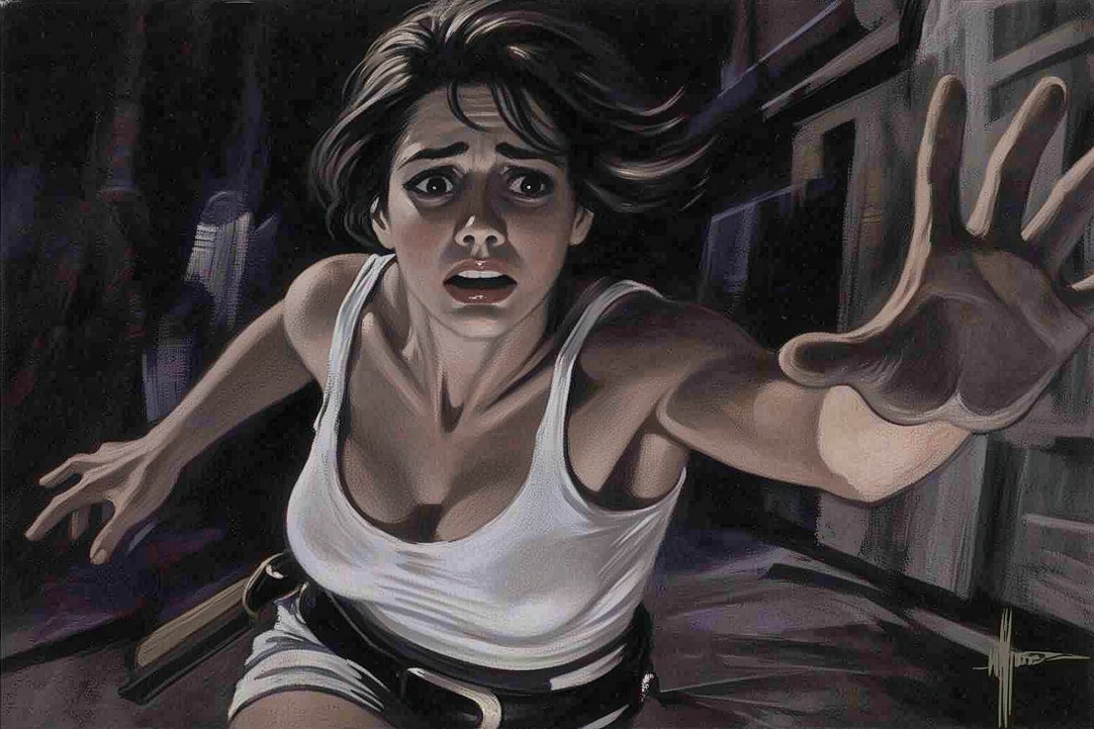 sydmead10q20 painting. Capture the terrified expression of a cowgirl,  wearing white **** top and short shorts. Her eyes w...