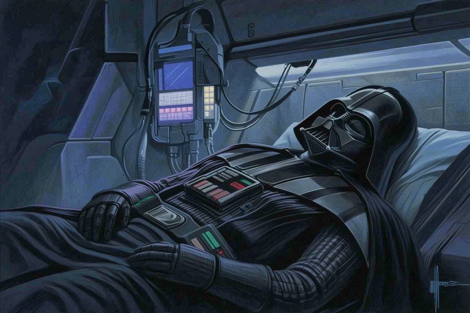 sydmead10q20 painting. A night scene. Darth Vader sleeping in a dimly lit room,  with his cybernetic life support system i...