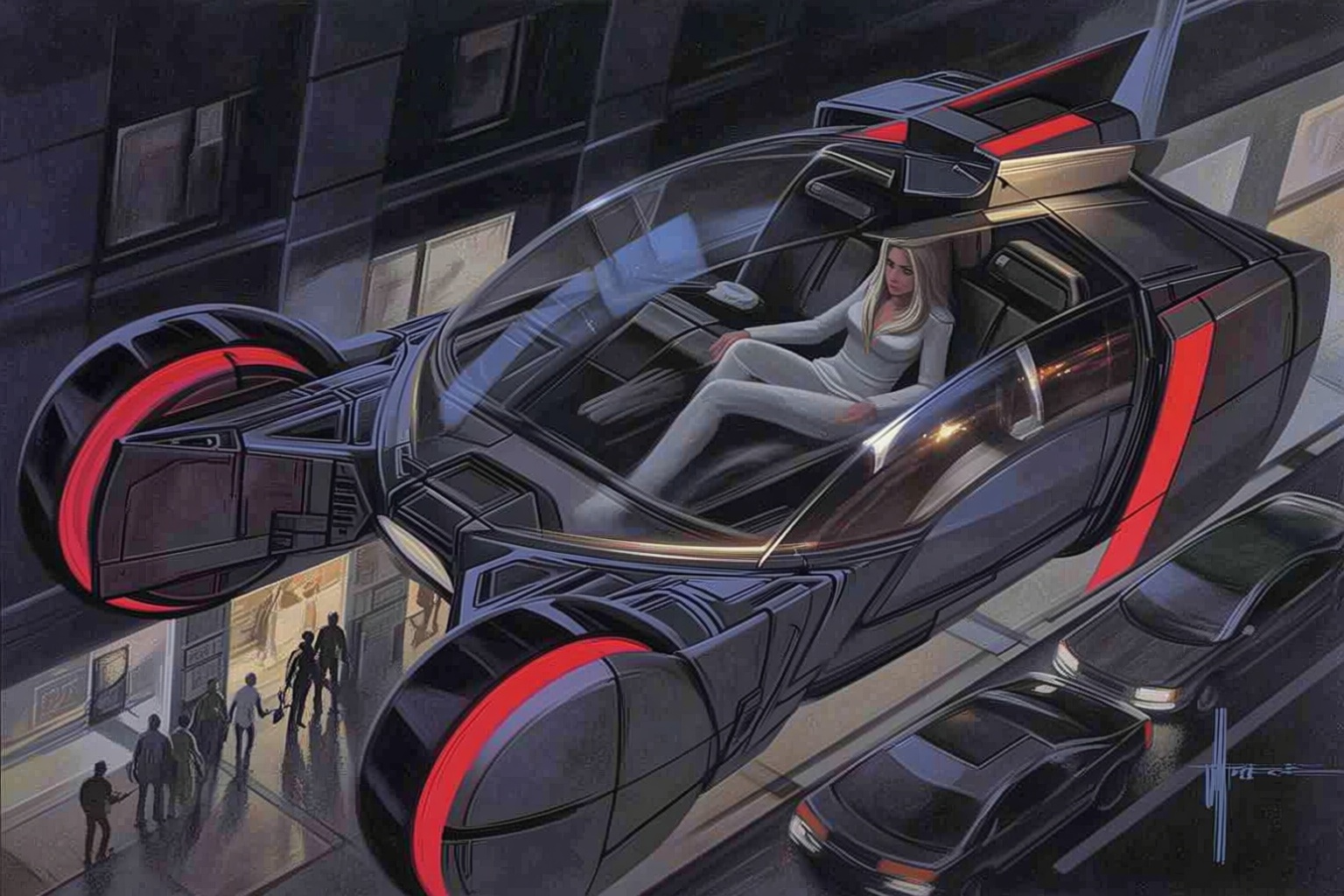 sydmead10q20 painting. High angle view of a spinner,  a futuristic flying vehicle from the world of Blade Runner. The vehi...