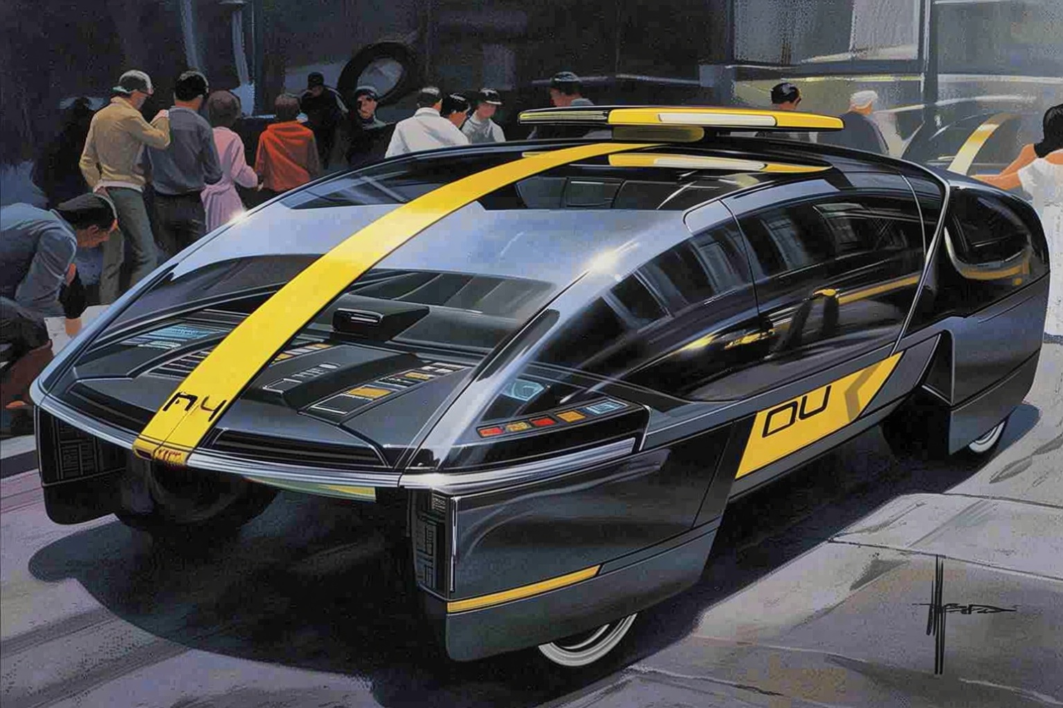 sydmead10q20 painting. A sleek,  high-tech vehicle parked a city street. The vehicle,  a futuristic hovercrafts on Tensor.Art