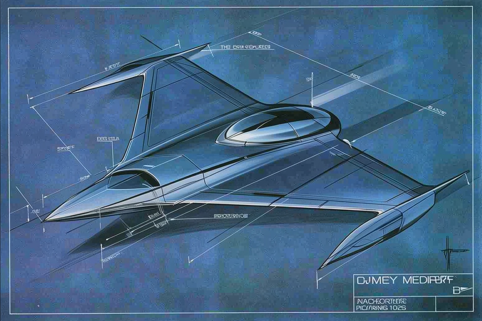 sydmead10q20 painting. Blueprint of a sleek,  aerodynamic spacecraft designed for high-speed travel in outer space. The cr...