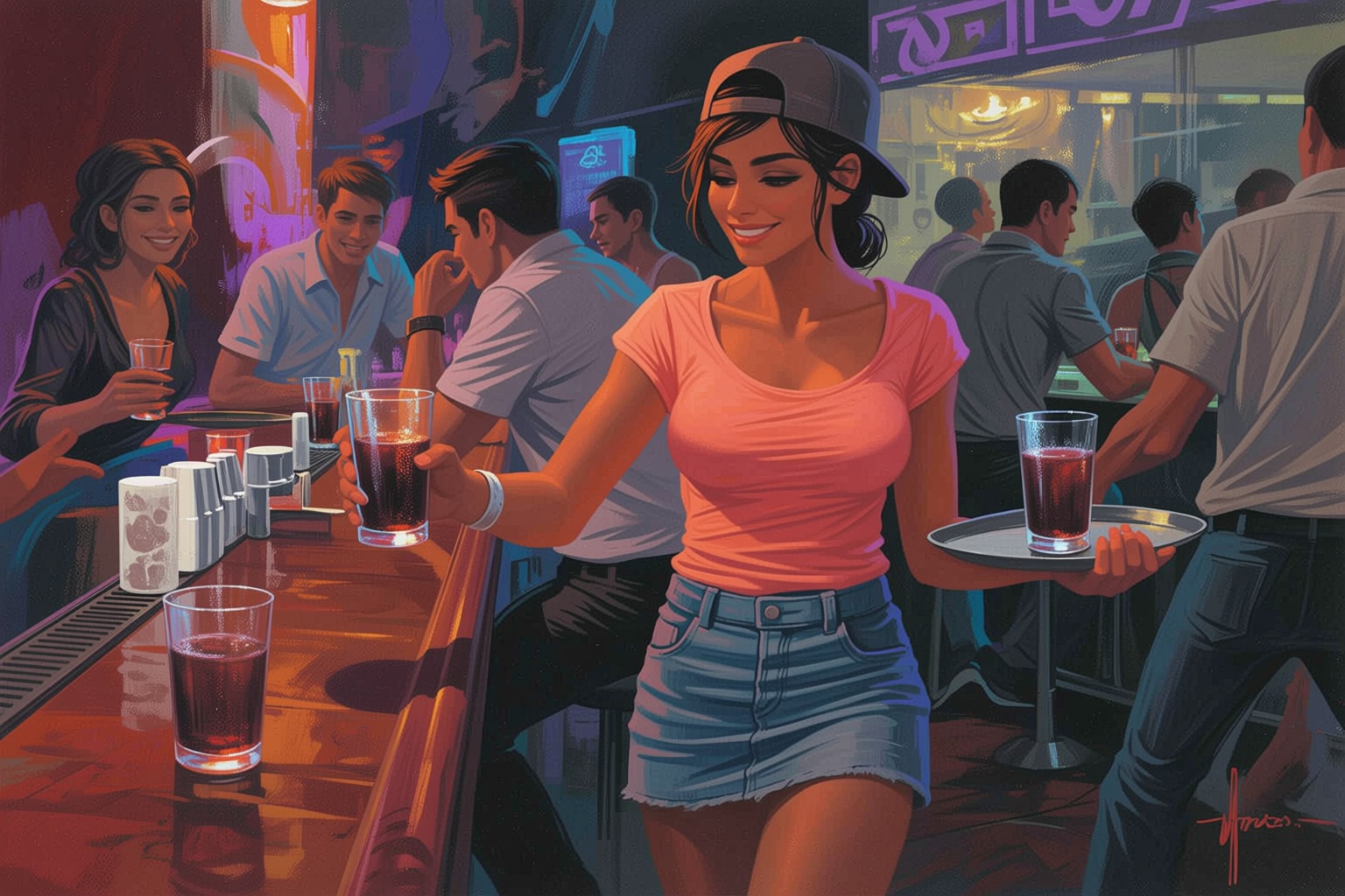 sydmead10q20 painting. The air buzzes with the energy of a busy night club,  a mix of music,  conversation on Tensor.Art