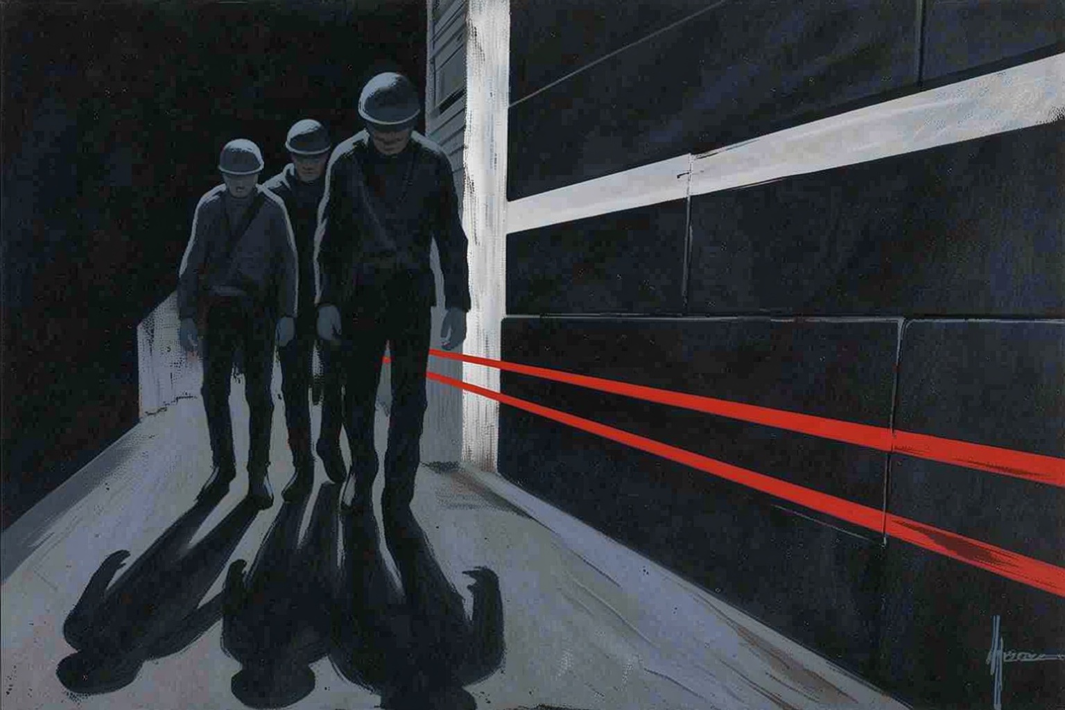 sydmead10q20 painting. A group of people in a dark alleyway,  their shadows cast on the ground below their faces. The peop...