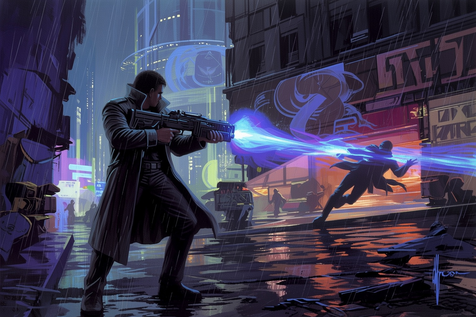 sydmead10q20 painting. A dramatic and intense scene depicting a male Blade Runner standing resolutely on a rain-slick urba...