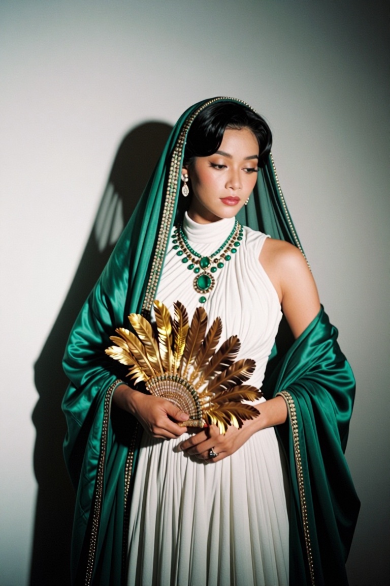 photorealistic of a Indonesian woman,  dressed in an elegant,  vintage-style outfit. The individual is wearing a white by...