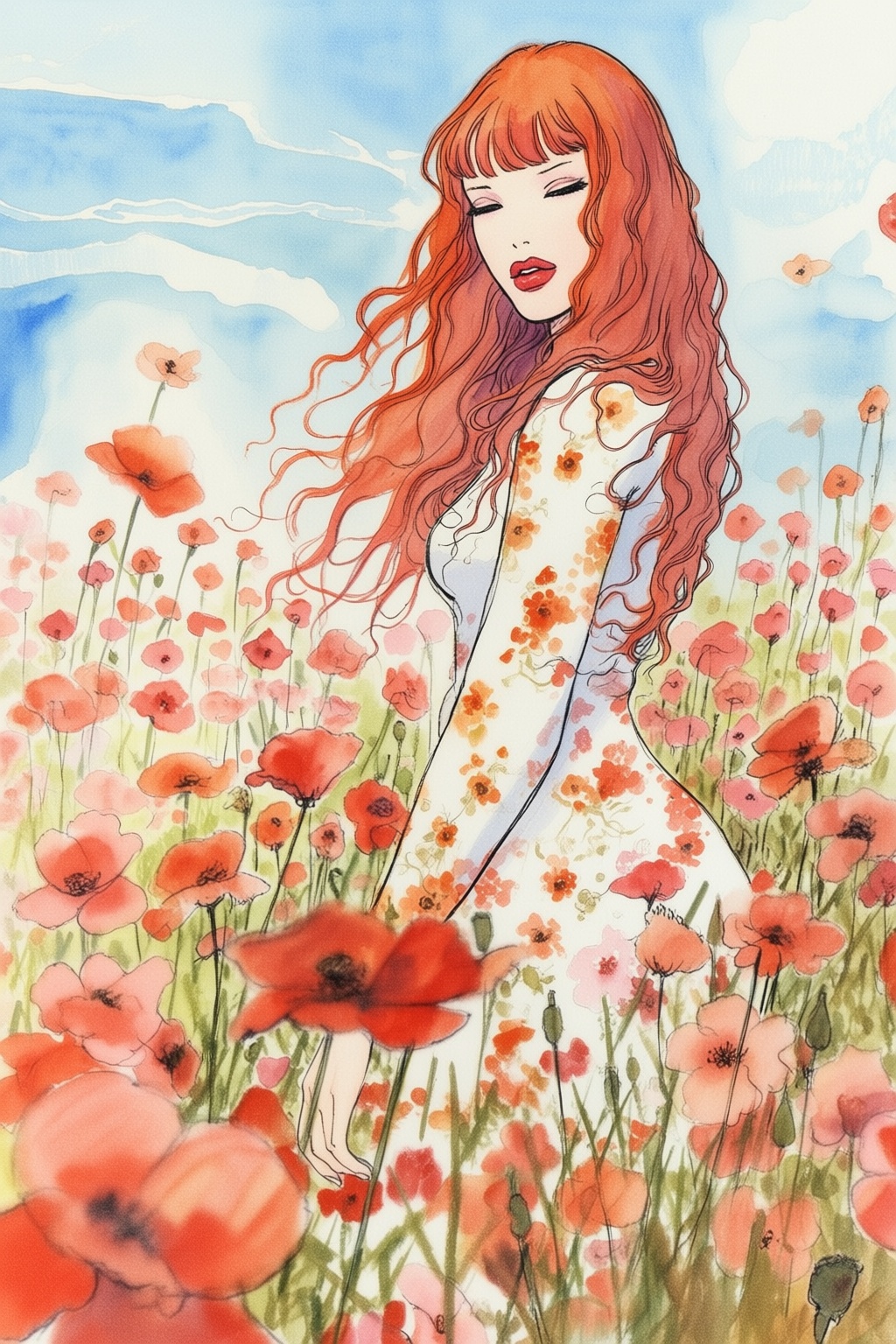 milomanara15q20 illustration. Portrait of a young woman with long,  wavy,  vibrant red hair on Tensor.Art