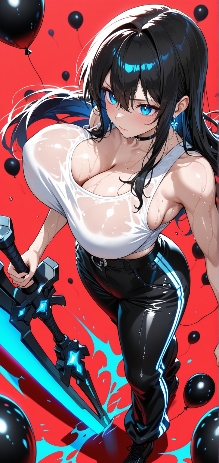 female anime character in black balloon trousers,  white top,  holding a gigantic sword on Tensor.Art