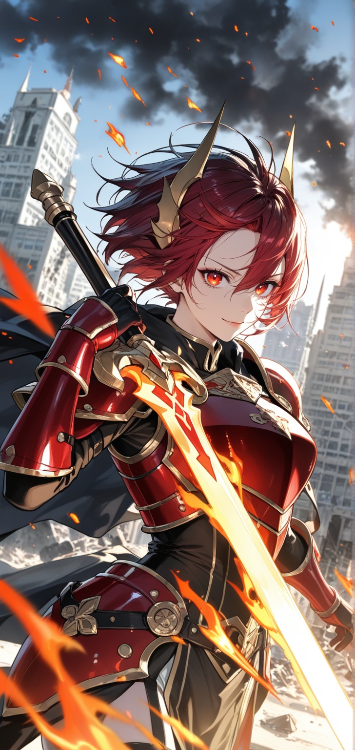 1woman,  a powerful woman in regal red armor with golden pauldrons,  flaming sword at her side on Tensor.Art
