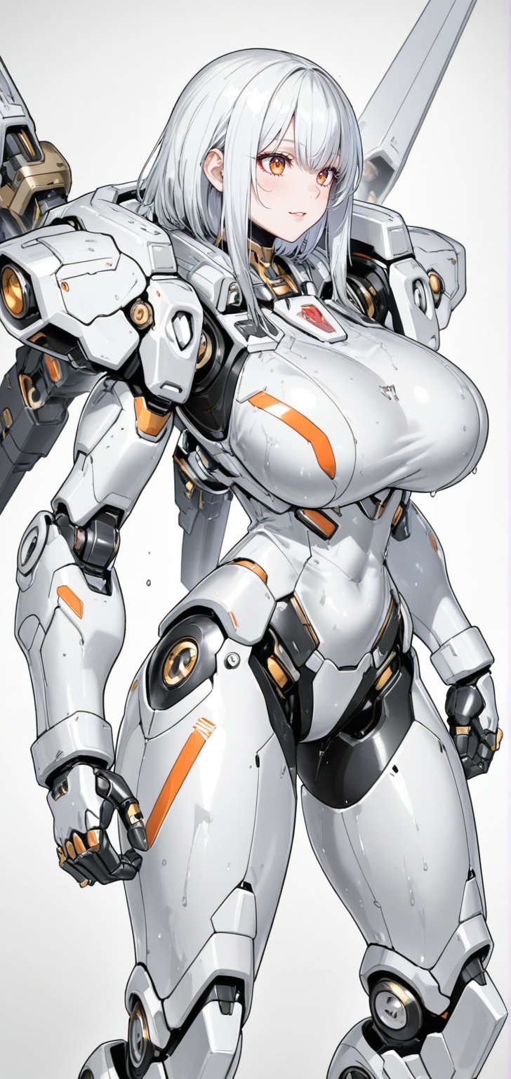 A futuristic humanoid-mech hybrid character with intricate mechanical details,  huge boobs,  wet. The character has a slee...