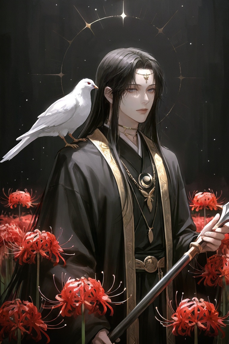 A detailed digital illustration features a central male figure with long,  flowing grey and black hair and pale skin. A ve...