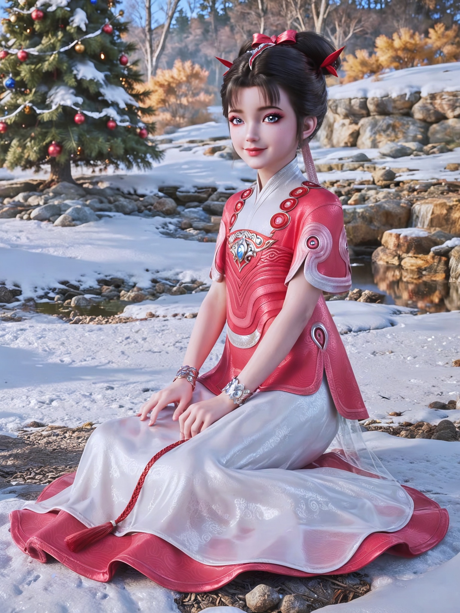 score_9,score_8_up,score_7_up,masterpiece,(best quality),(intricate details:0.9) BREAK (intricate details:0.9),(realistic skin:1.2),masterpiece,best quality,newest,absurdres,hiahres,1girl,jewelry,hair ornament,dress,necklace,lips,eyeshadow,bracelet,tassel,(8k ultra-clear, pony style),photo pose 0.6, micro-expression: soft smile 0.3, half-body + medium shot 0.7,1girl,looking_at_viewer,1boy,hair,realistic,photorealistic,Vivid Colors,bright environment,shiny skin,shiny hairjewelry,detail eyes,Eyes highlights,glowing,sunshine,bright,reflection,bright,sunshine on face,shiny,shinny,petite,thin,leg slimming,lose weight,slim hips,lakeside,delicate water,reflection,(full body:1.3)sitting_down,eyelashes,snow,Winter,Snowy landscape,Snow accumulation,Christmas tree,(huge breasts:0.5),