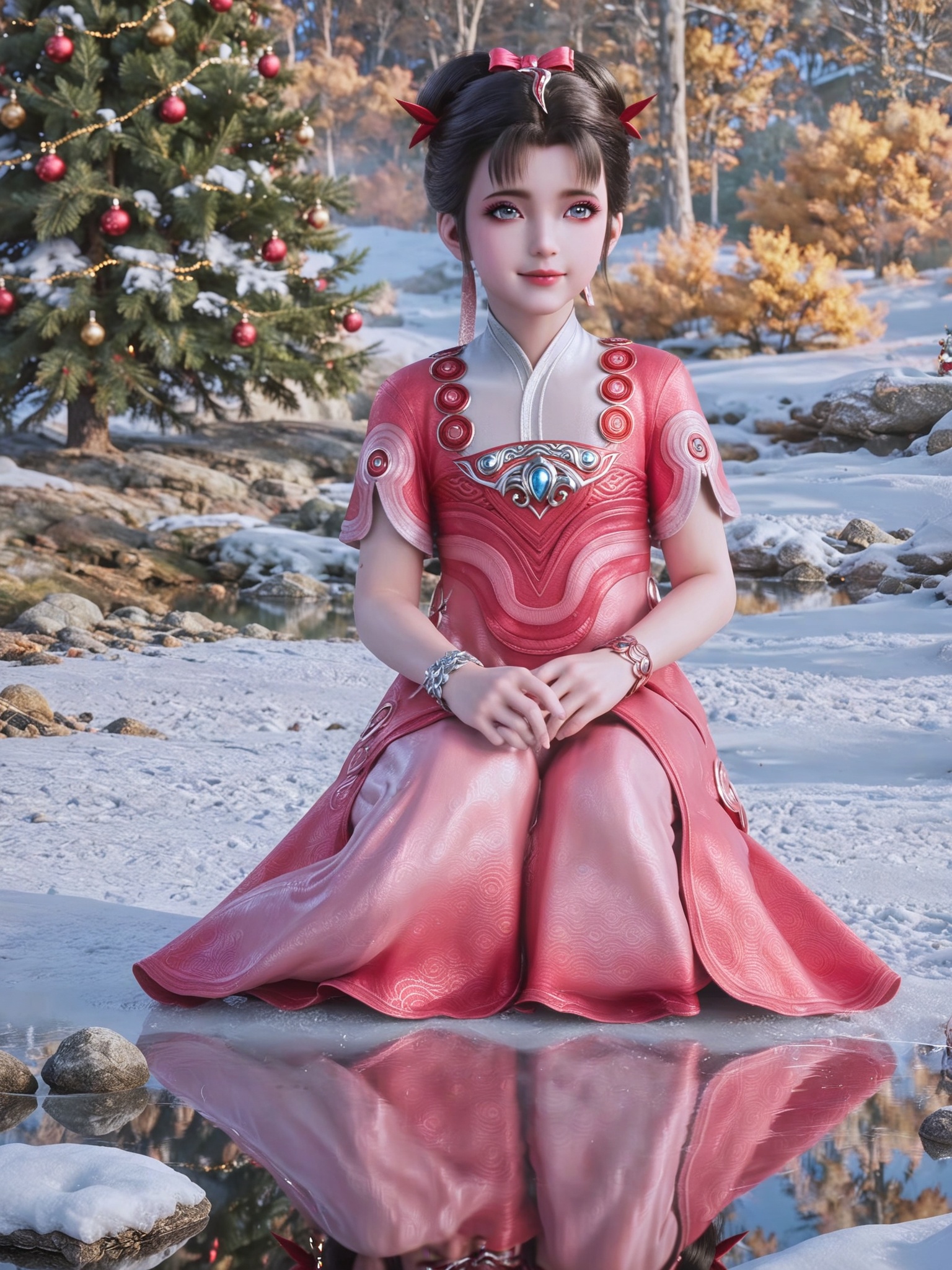 score_9,score_8_up,score_7_up,masterpiece,(best quality),(intricate details:0.9) BREAK (intricate details:0.9),(realistic skin:1.2),masterpiece,best quality,newest,absurdres,hiahres,1girl,jewelry,hair ornament,dress,necklace,lips,eyeshadow,bracelet,tassel,(8k ultra-clear, pony style),photo pose 0.6, micro-expression: soft smile 0.3, half-body + medium shot 0.7,1girl,looking_at_viewer,1boy,hair,realistic,photorealistic,Vivid Colors,bright environment,shiny skin,shiny hairjewelry,detail eyes,Eyes highlights,glowing,sunshine,bright,reflection,bright,sunshine on face,shiny,shinny,petite,thin,leg slimming,lose weight,slim hips,lakeside,delicate water,reflection,(full body:1.3)sitting_down,eyelashes,snow,Winter,Snowy landscape,Snow accumulation,Christmas tree,(huge breasts:0.5),