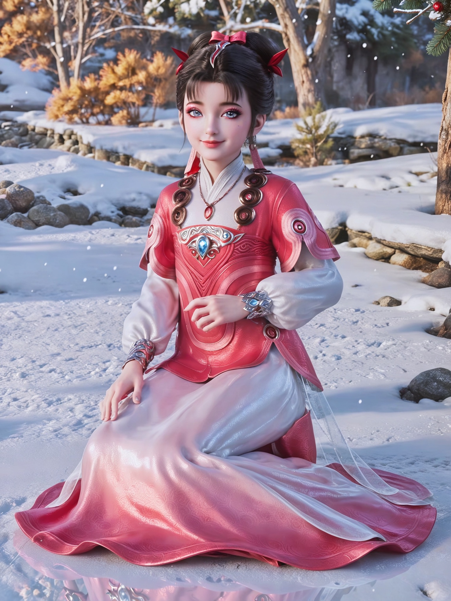 score_9,score_8_up,score_7_up,masterpiece,(best quality),(intricate details:0.9) BREAK (intricate details:0.9),(realistic skin:1.2),masterpiece,best quality,newest,absurdres,hiahres,1girl,jewelry,hair ornament,dress,necklace,lips,eyeshadow,bracelet,tassel,(8k ultra-clear, pony style),photo pose 0.6, micro-expression: soft smile 0.3, half-body + medium shot 0.7,1girl,looking_at_viewer,1boy,hair,realistic,photorealistic,Vivid Colors,bright environment,shiny skin,shiny hairjewelry,detail eyes,Eyes highlights,glowing,sunshine,bright,reflection,bright,sunshine on face,shiny,shinny,petite,thin,leg slimming,lose weight,slim hips,lakeside,delicate water,reflection,(full body:1.3)sitting_down,eyelashes,snow,Winter,Snowy landscape,Snow accumulation,Christmas tree,(huge breasts:0.5),