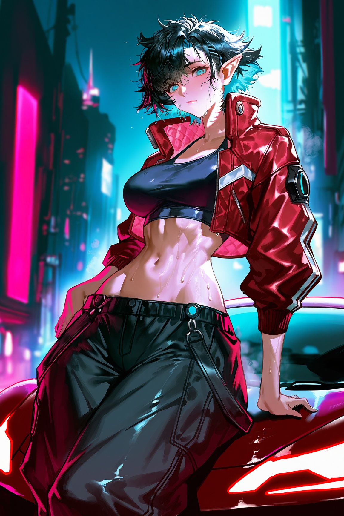 elf girl,  pink lip,  blue eyes. Cropped jacket on Tensor.Art