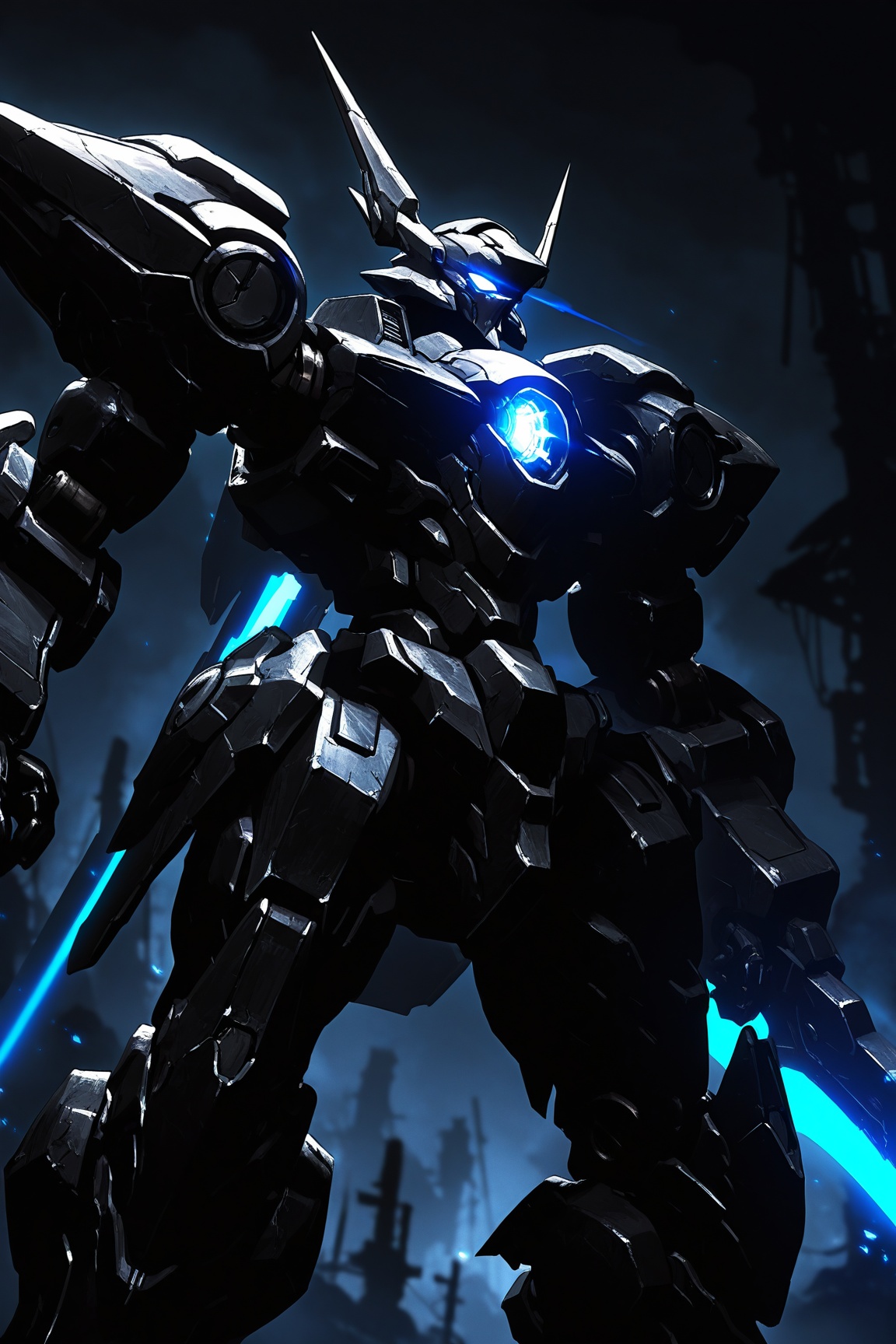 fearsome mecha,  glowing blue eye,  large serrated blade fused in arms. Dark moody lighting on Tensor.Art