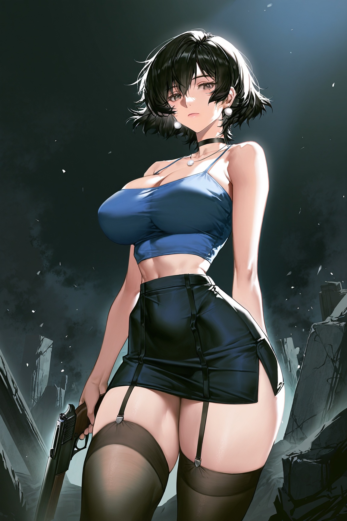1woman,  black short hair,  holding gun on Tensor.Art