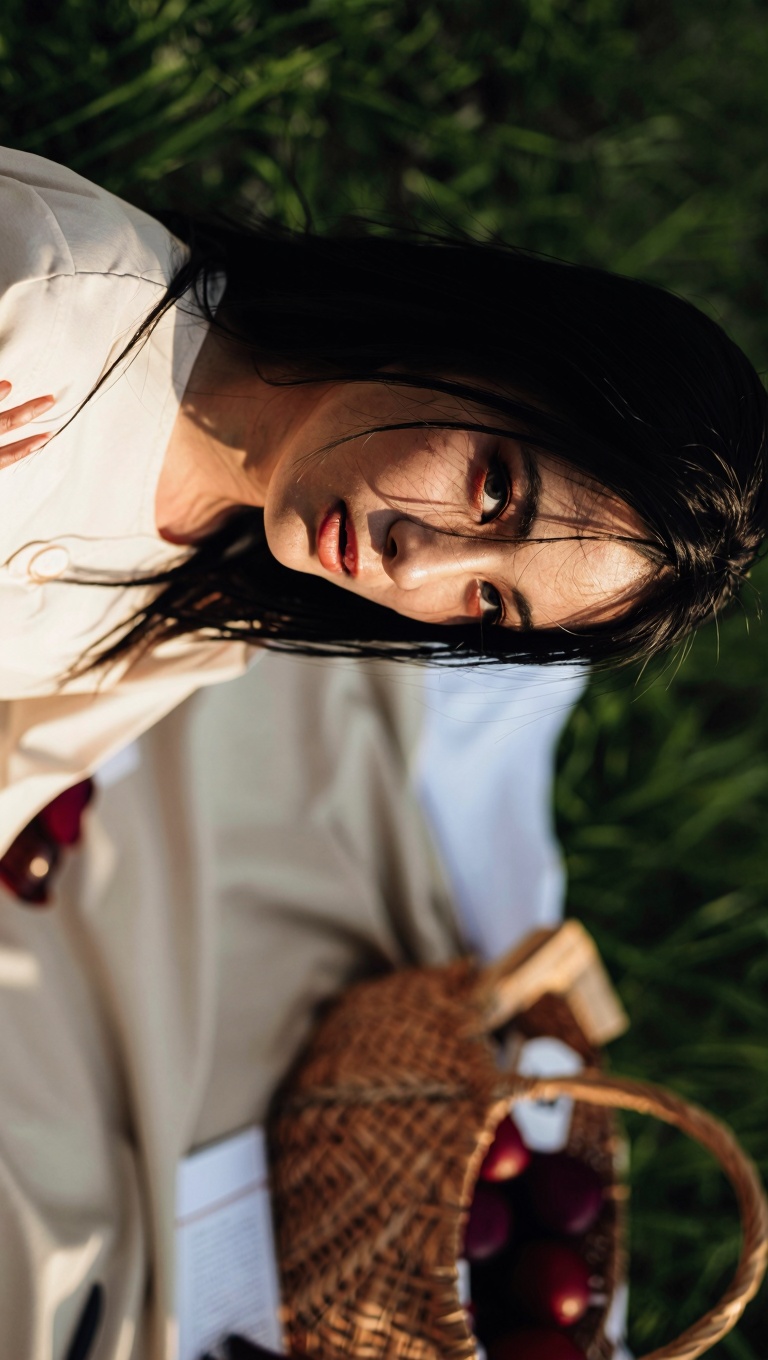 A high-detail aesthetic portrait of a beautiful woman at a picnic,  shot with a dynamic tilted angle to enhance tension an...