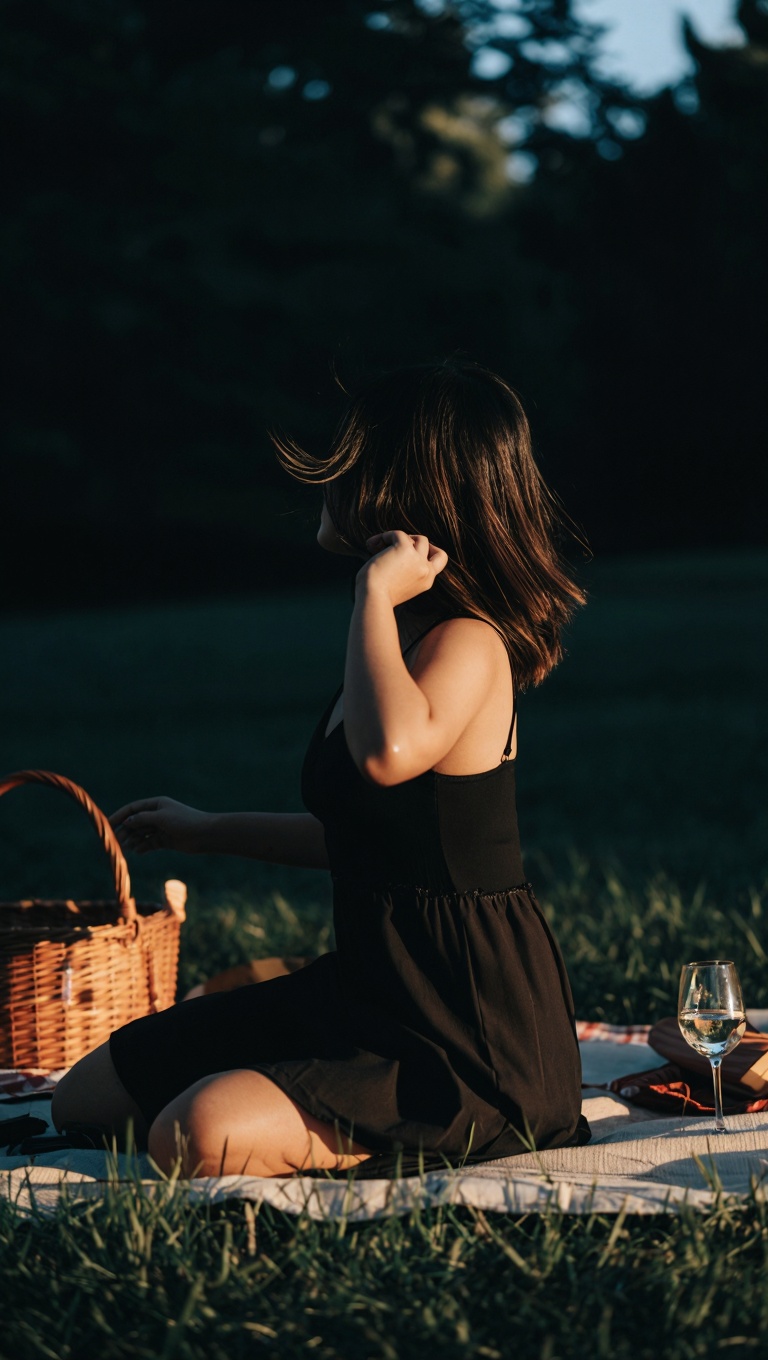 A cinematic picnic portrait blending beauty and noir mood in rich color,  captured from a dramatic side angle as the woman...