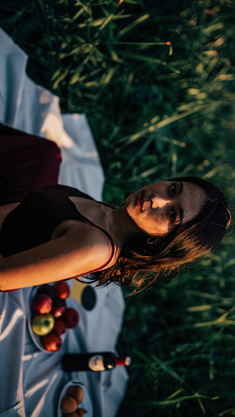 A cinematic,  ultra-detailed color image of a woman at a picnic scene rendered with noir-inspired contrast and dynamic com...