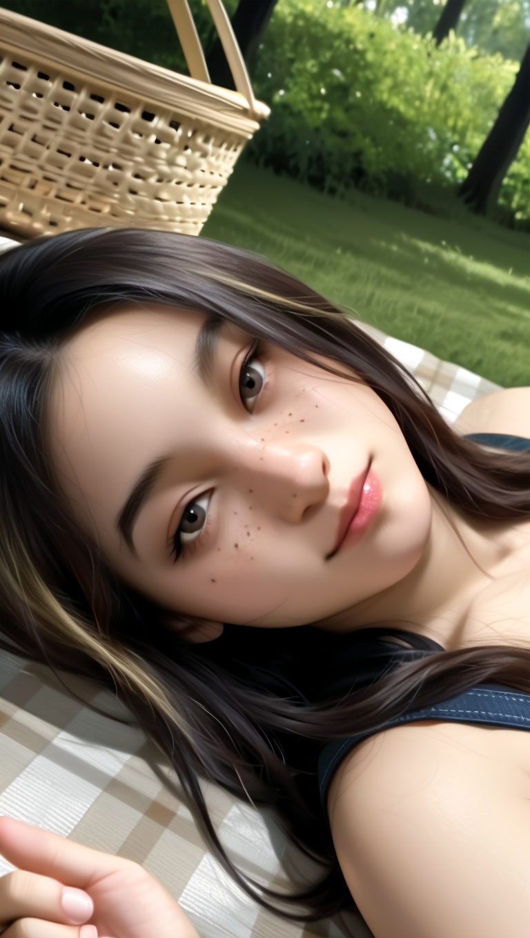 A high-detail aesthetic portrait of a beautiful woman at a picnic,  shot with a dynamic tilted angle to enhance tension an...