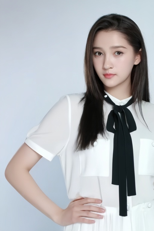 A medium portrait captures a young woman with long,  straight dark hair and fair skin against a minimalist,  light grey st...