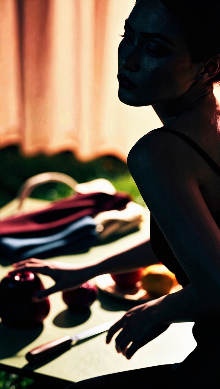 A cinematic,  ultra-detailed color image of a woman at a picnic scene rendered with noir-inspired contrast and dynamic com...