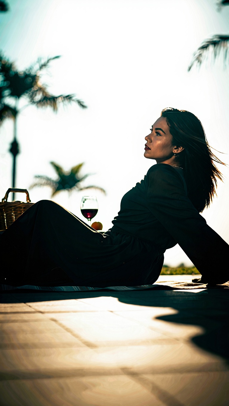 A cinematic picnic portrait blending beauty and noir mood in rich color,  captured from a dramatic side angle as the woman...