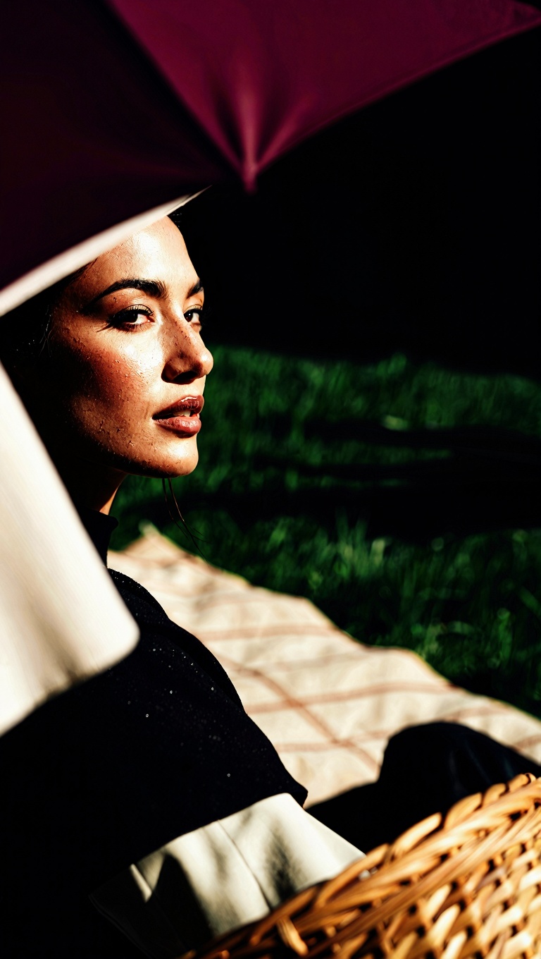 A high-detail aesthetic portrait of a beautiful woman at a picnic,  shot with a dynamic tilted angle to enhance tension an...