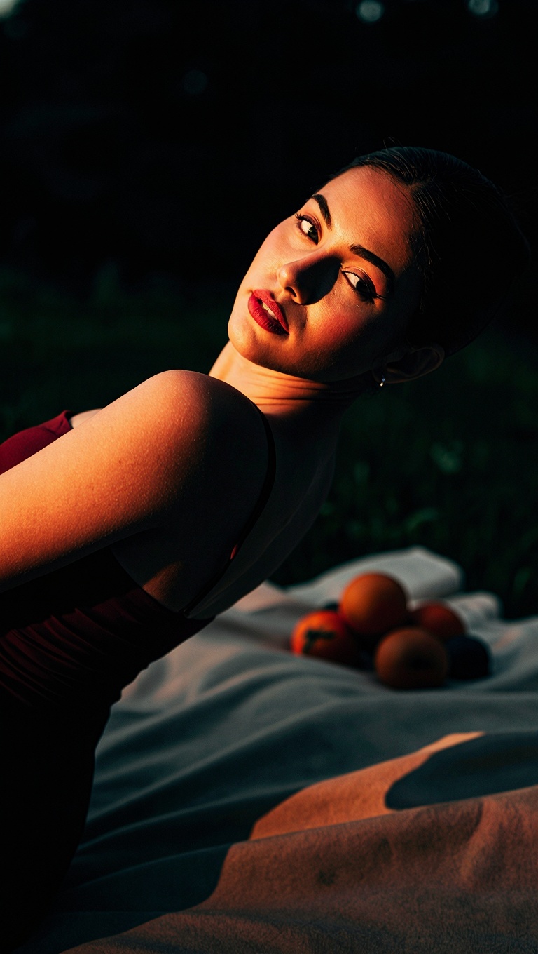 A cinematic,  ultra-detailed color image of a woman at a picnic scene rendered with noir-inspired contrast and dynamic com...
