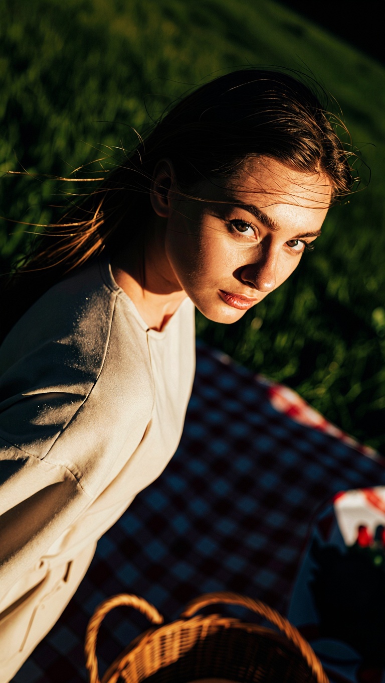 A high-detail aesthetic portrait of a beautiful woman at a picnic,  shot with a dynamic tilted angle to enhance tension an...