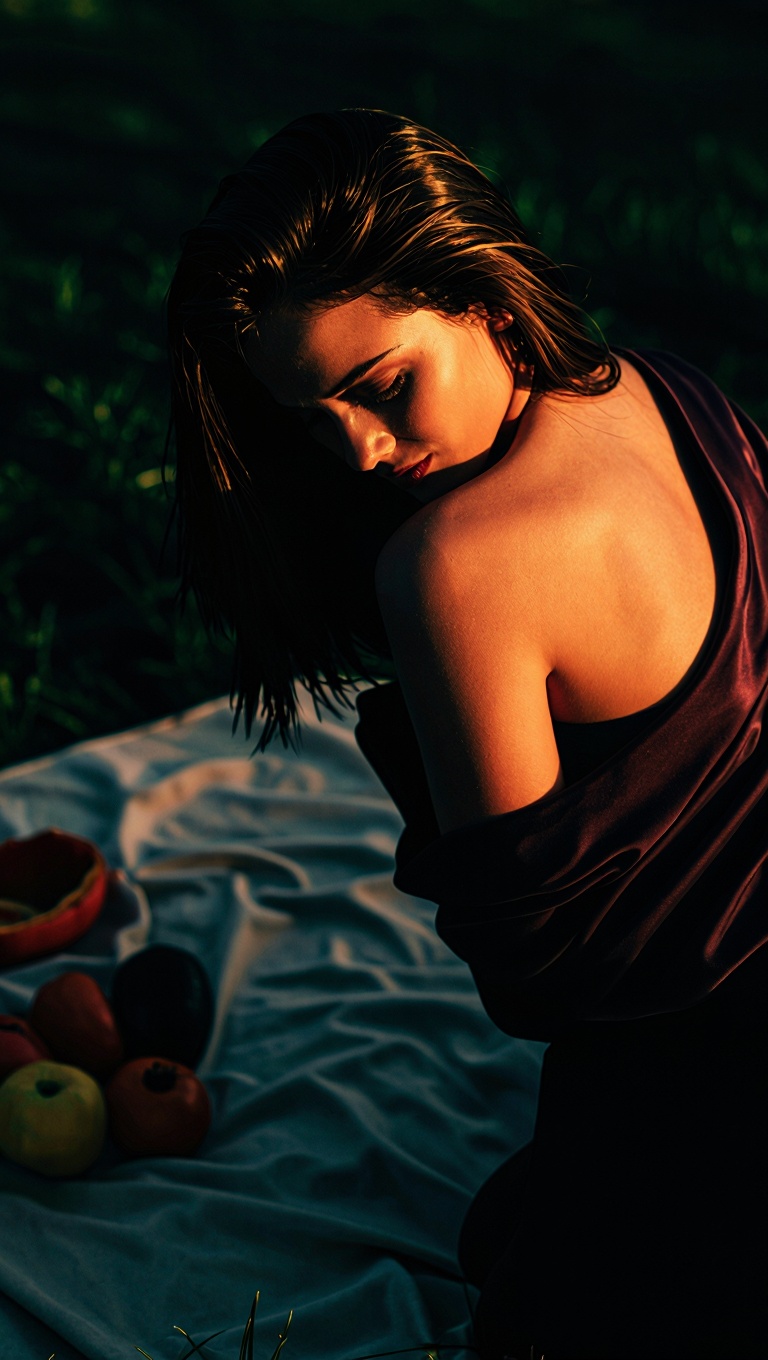 A cinematic,  ultra-detailed color image of a woman at a picnic scene rendered with noir-inspired contrast and dynamic com...