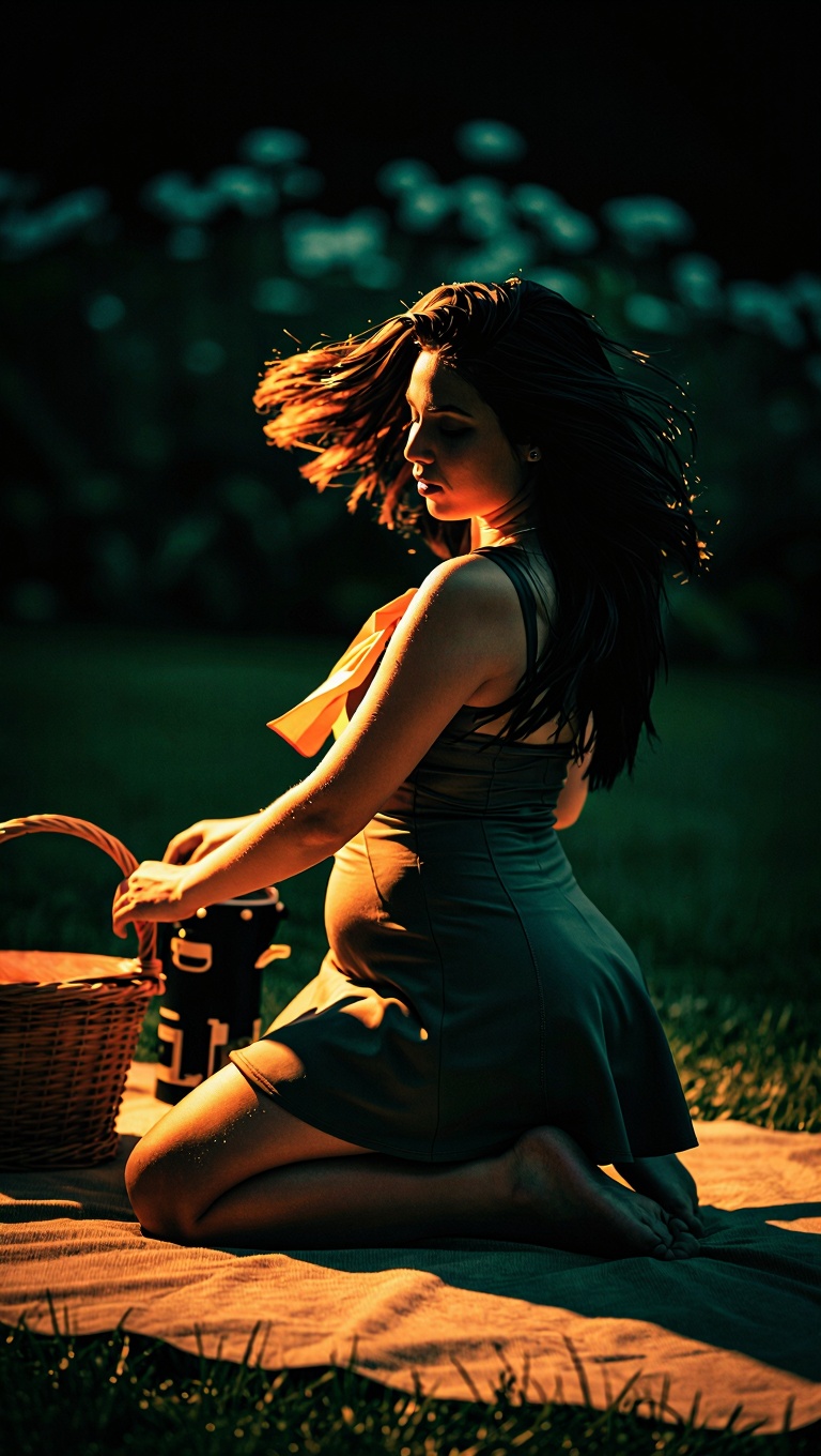 A cinematic picnic portrait blending beauty and noir mood in rich color,  captured from a dramatic side angle as the woman...