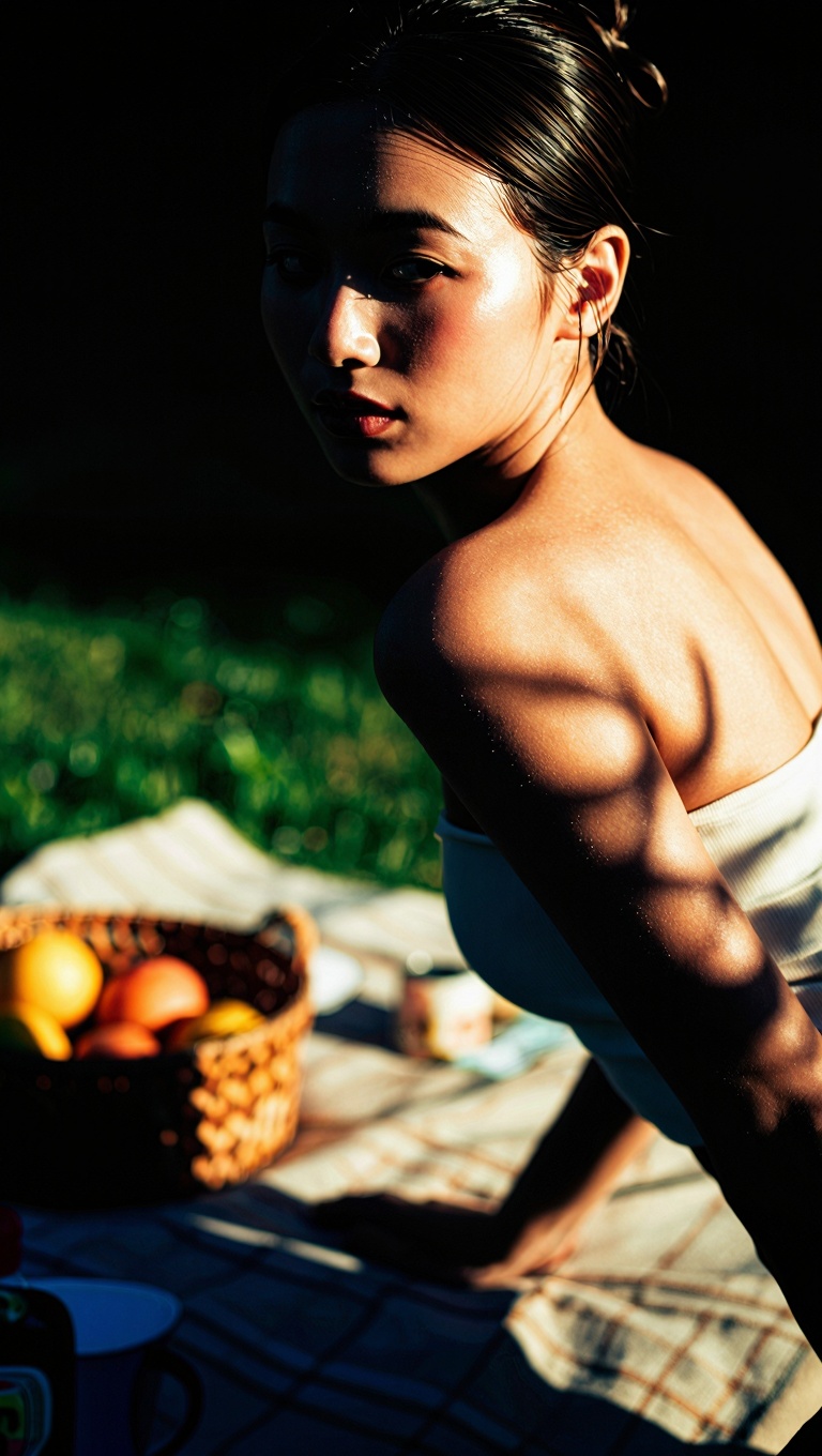 A high-detail aesthetic portrait of a beautiful woman at a picnic,  shot with a dynamic tilted angle to enhance tension an...