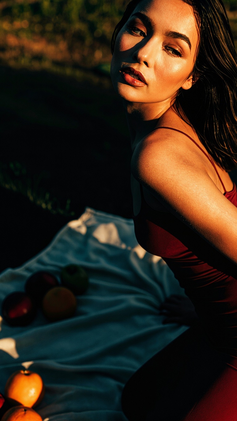 A cinematic,  ultra-detailed color image of a woman at a picnic scene rendered with noir-inspired contrast and dynamic com...