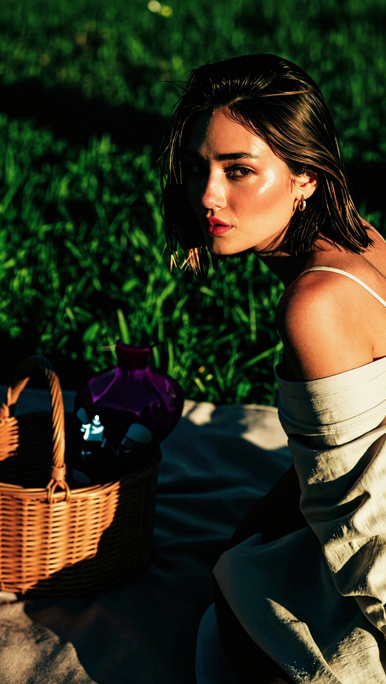 A high-detail aesthetic portrait of a beautiful woman at a picnic,  shot with a dynamic tilted angle to enhance tension an...