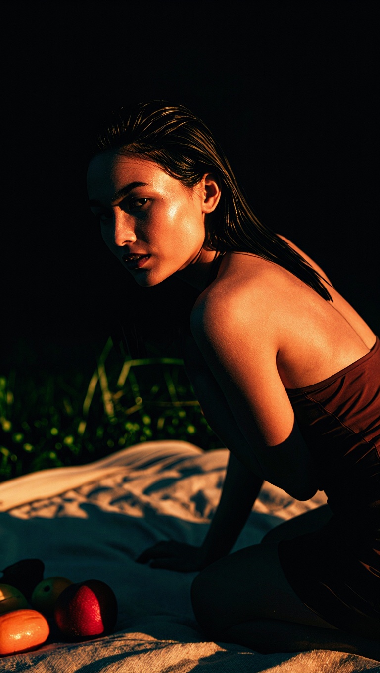 A cinematic,  ultra-detailed color image of a woman at a picnic scene rendered with noir-inspired contrast and dynamic com...