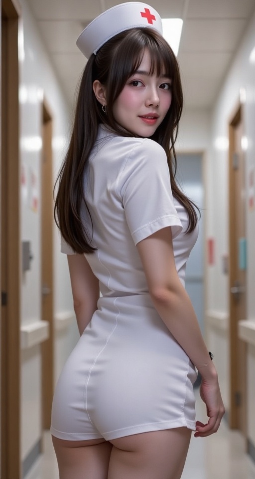 1girl solo long hair looking at viewer brown hair black hair hat short dress brown eyes ass looking back realistic nurse r...