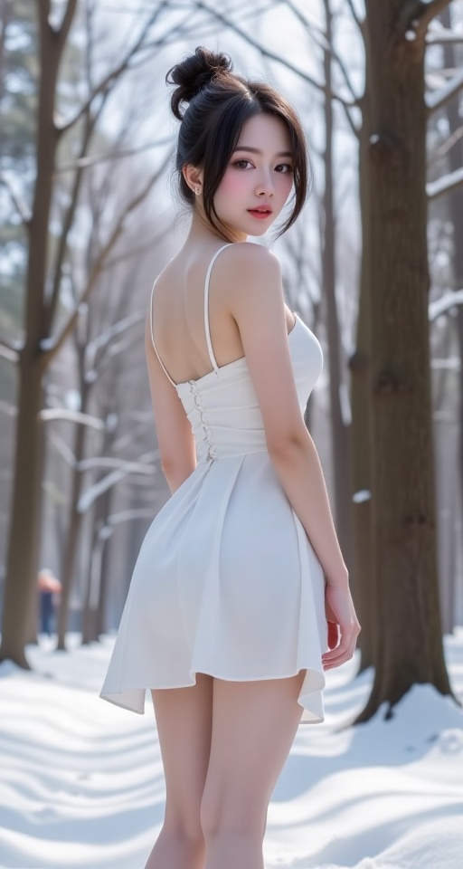 1girl solo breasts looking at viewer black hair dress brown eyes ass outdoors thighs above day looking back hair bun from...