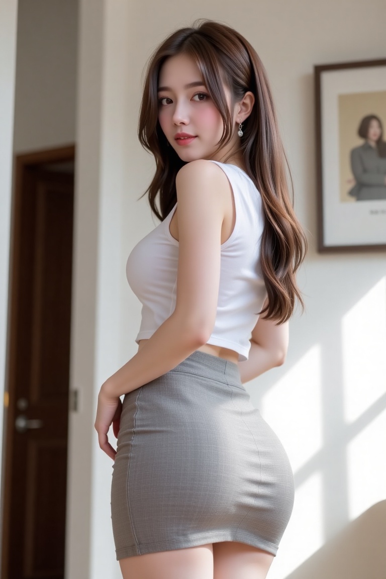 1girl solo long hair breasts looking back skirt brown hair shirt brown eyes jewelry standing ass earrings sleeveless looki...