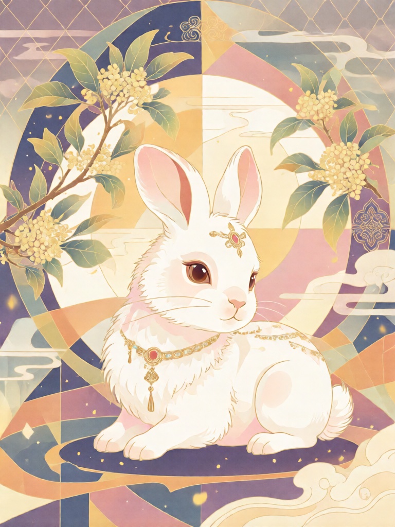 XDGF, 皎皎玉兔卧于对称桂影月轮的分层装饰构架内,暖黄、月白与浅紫晕染出温柔和谐的色彩层次,细腻线条勾勒兔毛绒感与桂叶形态,柔色渐变与细点描金赋予月宫纹样灵动质感,主色为玉白、桂黄与藕粉,兔眼与桂蕊点缀鎏金细饰,月光肌理、背景菱纹与云絮纹样错落相融,以对称美学与新中式装饰语言,营造温婉治愈又雅致梦幻的氛围。
