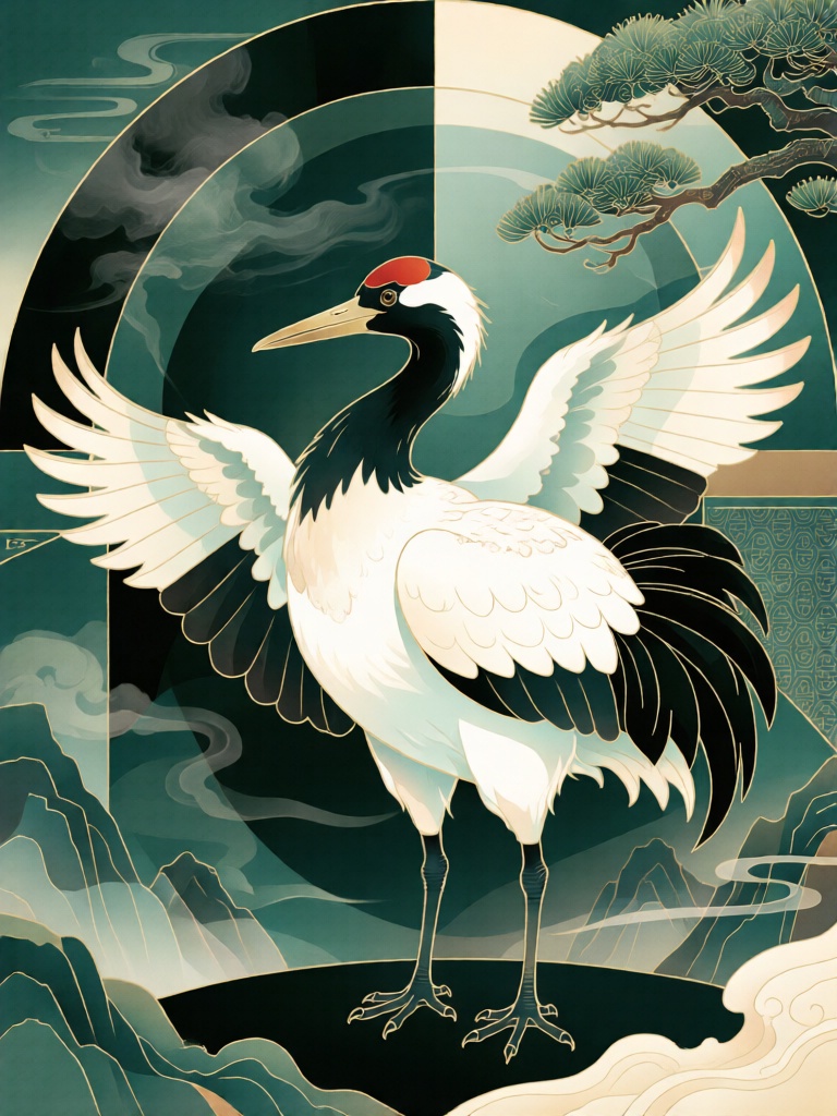 XDGF, 振翅丹顶鹤伫立在对称松烟云岫构成的环形装饰框架中,墨黑、松绿与霜白分层铺陈出沉稳雅致的色调,利落线条勾勒鹤羽肌理与松枝风骨,淡墨皴擦与柔和渐变赋予羽翼与山石立体质感,主色调为玄黑、石绿与牙白,鹤顶与松针缀以朱红点睛,松鳞纹理、背景万字纹与烟霞肌理细腻精致,以对称均衡的构图与现代国风笔触,传递清逸高洁又沉稳大气的格调。
