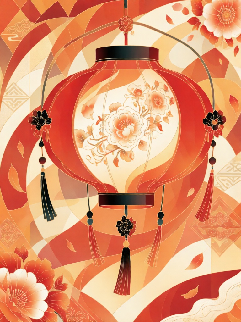 XDGF, 中式灯笼悬于对称花影纹的分层装饰构架中,正红、暖橙与米黄分层交织出喜庆雅致的色调,凝练线条勾勒灯骨轮廓与灯面纹样,柔色渐变与细金勾边赋予灯笼与花影层次,主色调为朱红、橘黄与瓷白,灯穗与花芯缀以墨黑点缀,灯纹肌理、背景菱纹与落花肌理错落精致,凭借对称构图与现代国风装饰语言,传递喜庆祥和又温婉大气的格调。
