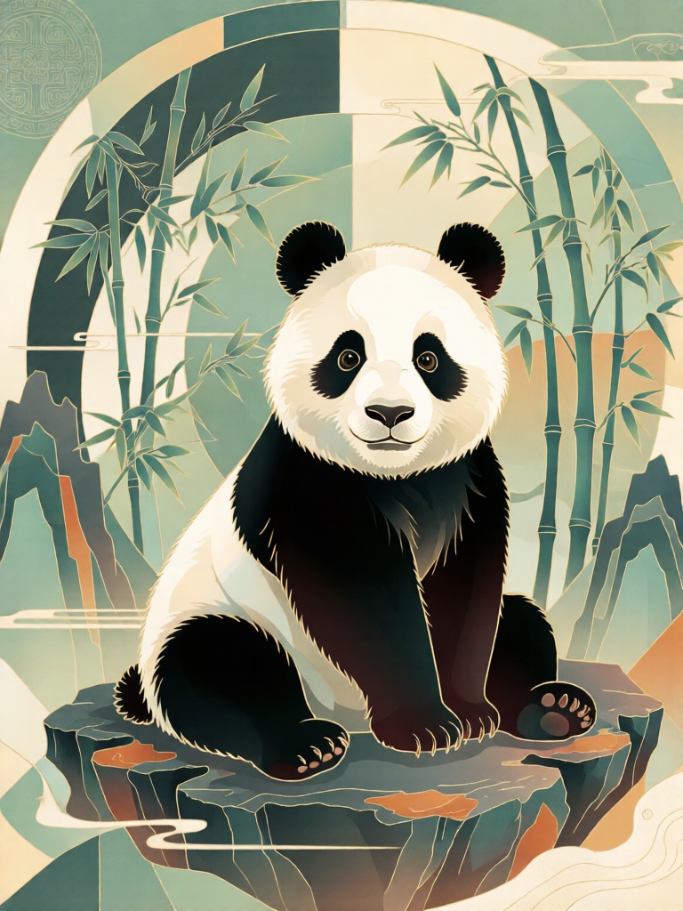 XDGF, 憨态可掬的熊猫坐于对称竹影山石的环形装饰构图中,竹青、墨灰与米黄分层交织出清新雅致的色调,简洁流畅的线条勾勒熊猫体态与竹枝形态,淡彩晕染与细绒点绘赋予皮毛与竹叶层次,主色调为黛绿、炭灰与瓷白,竹节与山石缀以赭石点缀,竹纹肌理、背景回纹与浅苔肌理精致细腻,凭借对称平衡的布局与现代国风技法,呈现呆萌治愈又清雅内敛的意境。
