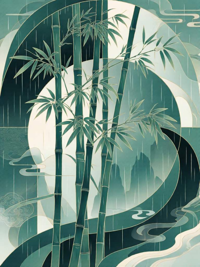 XDGF, 青竹成林立于对称烟雨纹的同心圆装饰框架中,翠绿、墨青与霜白分层晕染出清隽雅致的色调,利落线条勾勒竹节挺拔与竹叶舒展,淡彩渐变与细笔点绘赋予竹身与雨雾层次,主色调为竹青、玄黑与牙白,竹梢与雨丝缀以银灰点缀,竹纹肌理、背景云纹与水波纹错落精致,凭借对称构图与现代国风装饰语言,营造清逸挺拔又静谧淡然的氛围。
