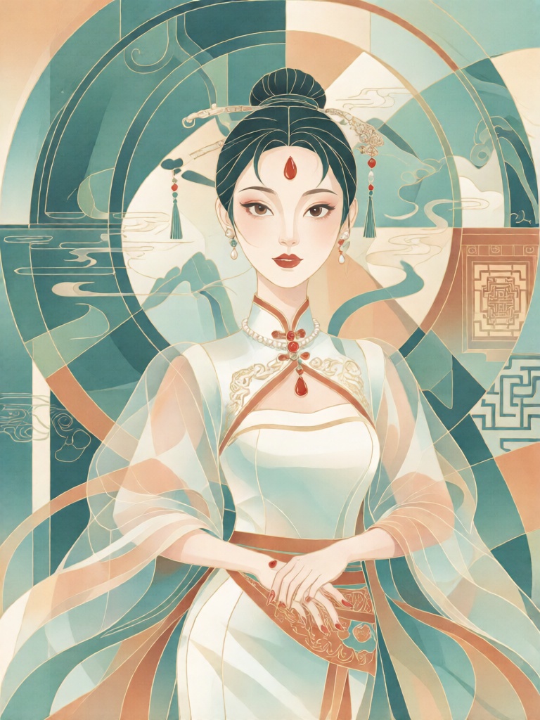 XDGF, 身姿清雅的现代国风仕女立于对称云纹水韵构成的同心圆装饰构架中,暖杏、黛青与竹青分层晕染出规整雅致的视觉层次,利落流畅的线条勾勒温婉眉眼与改良旗袍的雅致轮廓,淡墨晕染与细腻描金赋予衣袂与发饰立体质感,主色调为玉白、竹青与浅赭,珠钗与盘扣缀以朱砂点缀,领口织金纹样、背景回纹窗棂与流云肌理错落有致,以对称平衡的构图与极简国风笔触,营造温婉静谧又端庄大气的氛围。
