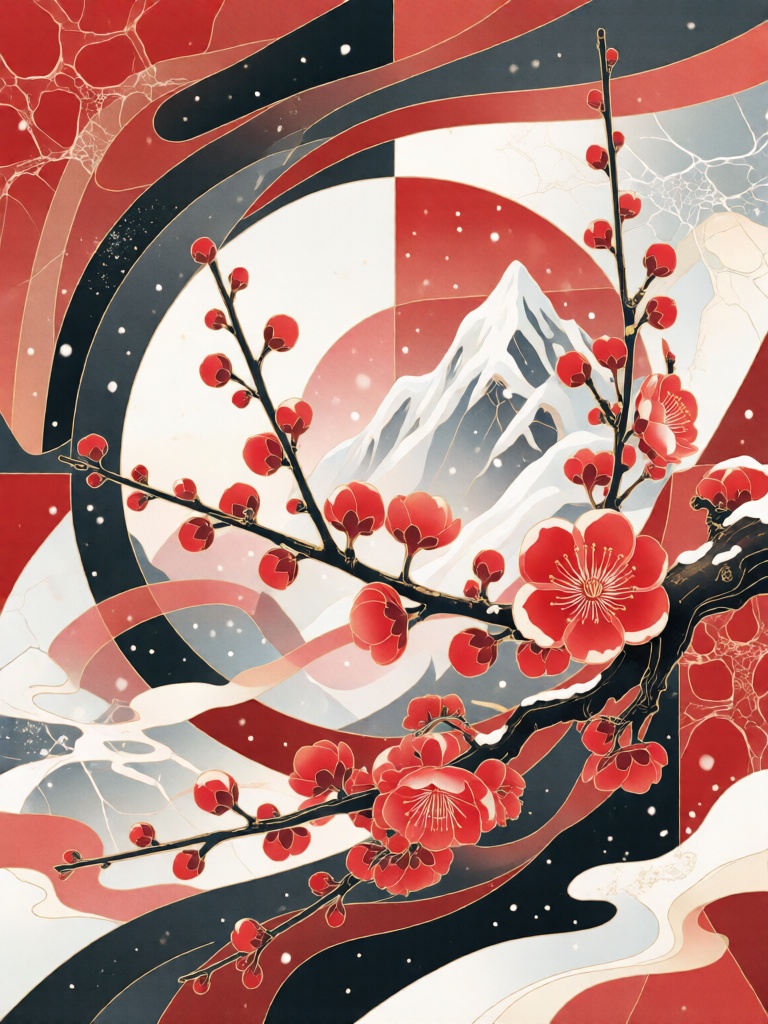 XDGF, 红梅绽枝于对称雪岭纹的环形装饰构图内,胭红、雪白与墨黑分层铺陈出冷艳雅致的色调,干净线条勾勒梅枝虬劲与花瓣娇俏,淡彩渐变与细点花蕊赋予花枝与雪岭层次,主色调为丹红、霜白与玄黑,梅芯与枝桠缀以金粉点缀,梅纹肌理、背景冰裂纹与落雪肌理相融共生,以对称平衡的布局与现代国风技法,呈现傲骨清雅又温婉动人的意境。
