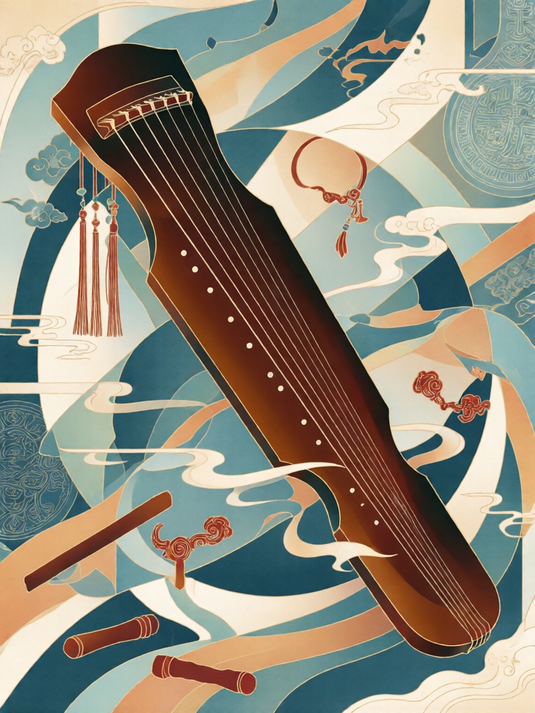 XDGF, 古琴横陈于对称书香云纹的分层装饰构架中,桐棕、石青与象牙白分层铺陈出温润雅致的色调,干净线条勾勒琴身纹路与琴弦形态,淡墨渐变与细刻纹理赋予琴体与书卷质感,主色调为檀棕、藏青与玉白,琴轸与书扣缀以朱砂点缀,冰纹肌理、背景博古纹与墨痕晕染错落有致,凭借对称美学与新中式笔触,传递清雅文气又静谧内敛的格调。
