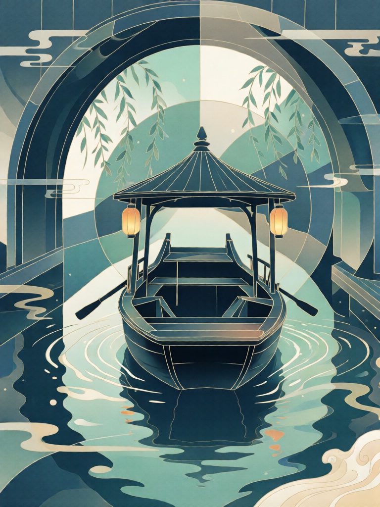 XDGF, 江南乌篷船行于对称水巷纹的同心圆装饰框架内,藏青、瓦灰与水绿分层晕染出清雅悠远的色调,利落线条勾勒船身轮廓与水巷纵横,淡墨晕染与细波点绘赋予水面与船篷层次,主色调为黛青、灰蓝与月白,船灯与水纹缀以暖黄点缀,水波肌理、背景桥洞纹与烟柳纹样精致细腻,以对称构图与现代国风装饰风格,营造温婉悠远又静谧治愈的氛围。

