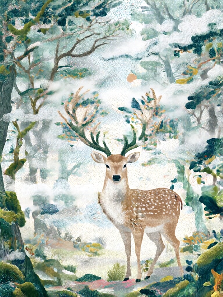 DCJL, 林间麋鹿居于画面中心,身形轮廓以浅棕与灰白点阵勾勒,头顶与周身蔓延着点彩构筑的雾霭与枝桠,细密色点堆叠出树皮、苔藓与流云的肌理,无渐变晕染仅靠点距变化塑造光影,墨绿、石青、奶白的色调清冽静谧,麋鹿的沉静与环绕的点彩纹样虚实相生,营造空灵悠远的森系装饰质感。
